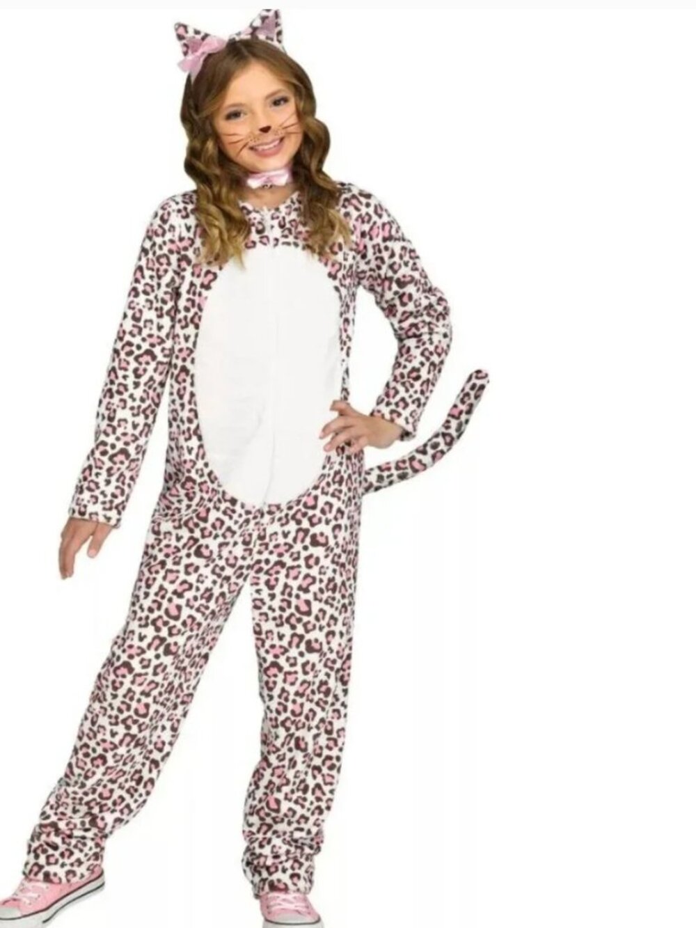 Leopard Halloween Costume 12/14 Jumpsuit Fleece White Pink Brown 3 Pc Girls